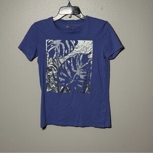 Guess Women Blue Graphic T-Shirt Silver Leaf Design size M